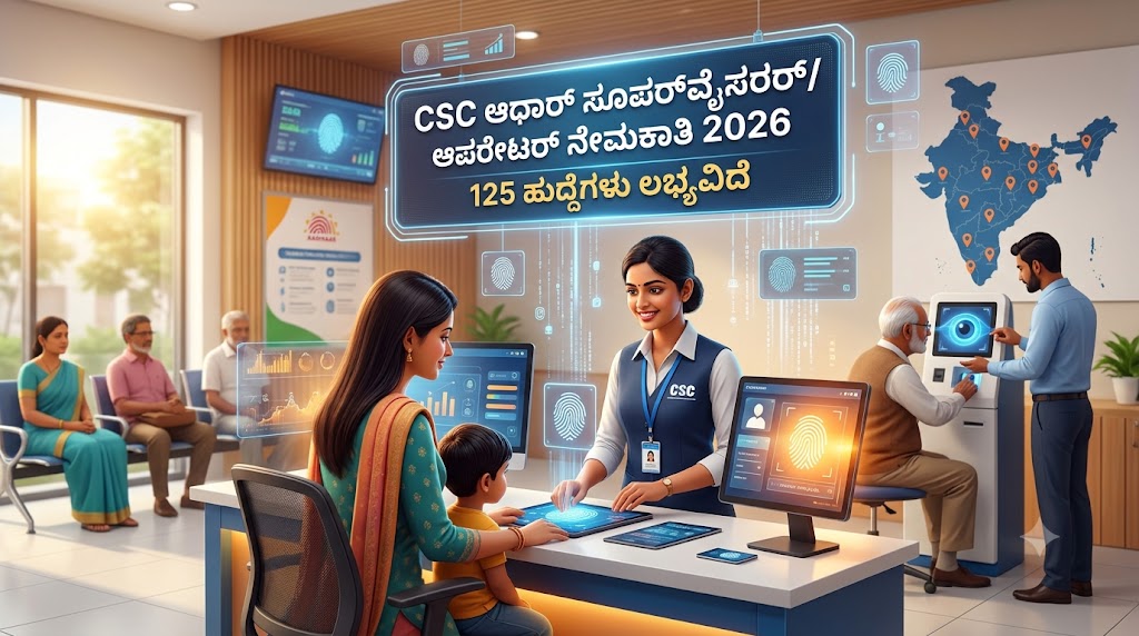 CSC Aadhaar Supervisor/Operator Recruitment 2026: 125 ಹುದ್ದೆಗಳಿಗೆ ಅರ್ಜಿ ಆಹ್ವಾನ CSC Aadhaar Supervisor/Operator Recruitment 2026: 125 ಹುದ್ದೆಗಳಿಗೆ ಅರ್ಜಿ ಆಹ್ವಾನ