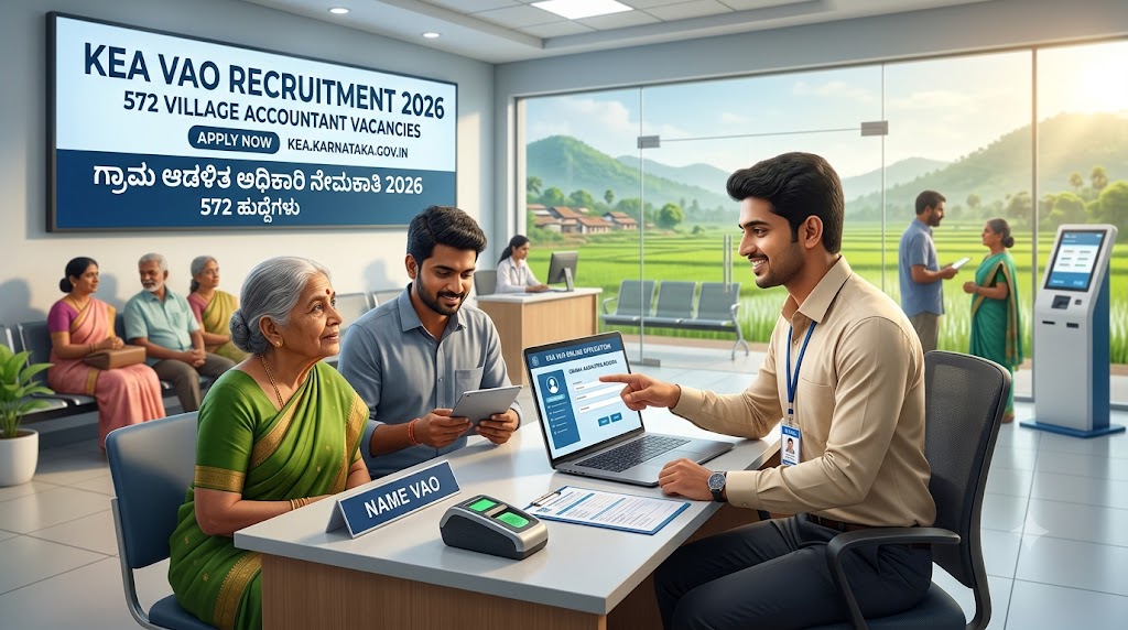 KEA VAO Recruitment 2026: 572 ಗ್ರಾಮ ಆಡಳಿತ ಅಧಿಕಾರಿ ಹುದ್ದೆಗಳಿಗೆ ಅರ್ಜಿ ಆಹ್ವಾನ, ಸಂಪೂರ್ಣ ಮಾಹಿತಿ KEA VAO Recruitment 2026: 572 ಗ್ರಾಮ ಆಡಳಿತ ಅಧಿಕಾರಿ ಹುದ್ದೆಗಳಿಗೆ ಅರ್ಜಿ ಆಹ್ವಾನ, ಸಂಪೂರ್ಣ ಮಾಹಿತಿ